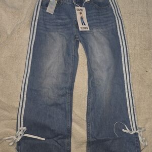 Trendy Blue Flare Jeans with White Stripes